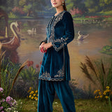 Tavira Teal Blue Embroidered Velvet Co-ord Set