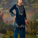 Tavira Teal Blue Embroidered Velvet Co-ord Set