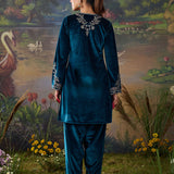 Tavira Teal Blue Embroidered Velvet Co-ord Set