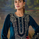 Tavira Teal Blue Embroidered Velvet Co-ord Set