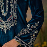Tavira Teal Blue Embroidered Velvet Co-ord Set