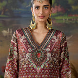 Iraaya Wine Floral Printed Shantoon Long Suit Set with Dupatta