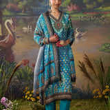 Iraaya Teal Blue Floral Printed Shantoon Long Suit Set with Dupatta