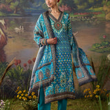 Iraaya Teal Blue Floral Printed Shantoon Long Suit Set with Dupatta