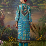 Iraaya Teal Blue Floral Printed Shantoon Long Suit Set with Dupatta