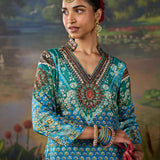 Iraaya Teal Blue Floral Printed Shantoon Long Suit Set with Dupatta