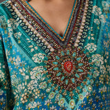 Iraaya Teal Blue Floral Printed Shantoon Long Suit Set with Dupatta