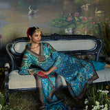 Iraaya Teal Blue Floral Printed Shantoon Long Suit Set with Dupatta