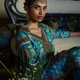 Iraaya Teal Blue Floral Printed Shantoon Long Suit Set with Dupatta