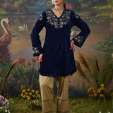 Veena Navy Resham Embroidered Velvet Kurti