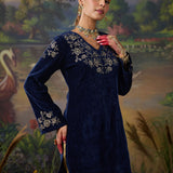 Veena Navy Resham Embroidered Velvet Kurti