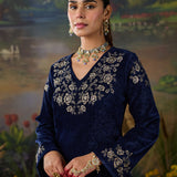 Veena Navy Resham Embroidered Velvet Kurti