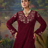 Veena Maroon Resham Embroidered Velvet Kurti