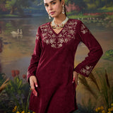 Veena Maroon Resham Embroidered Velvet Kurti