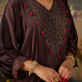 Rangrez Chocolate Brown Satin Zari Embroidered Kaftan