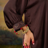 Rangrez Chocolate Brown Satin Zari Embroidered Kaftan