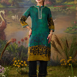 Aranya Teal Abstract Printed Vicose Straight Kurta