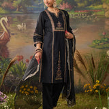 Nisha Classic Black Zari Emroidered Chanderi Straight Suit Set with Dupatta
