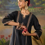 Nisha Classic Black Zari Emroidered Chanderi Straight Suit Set with Dupatta