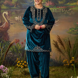 Tavira Teal Blue Embroidered Velvet Co-ord Set