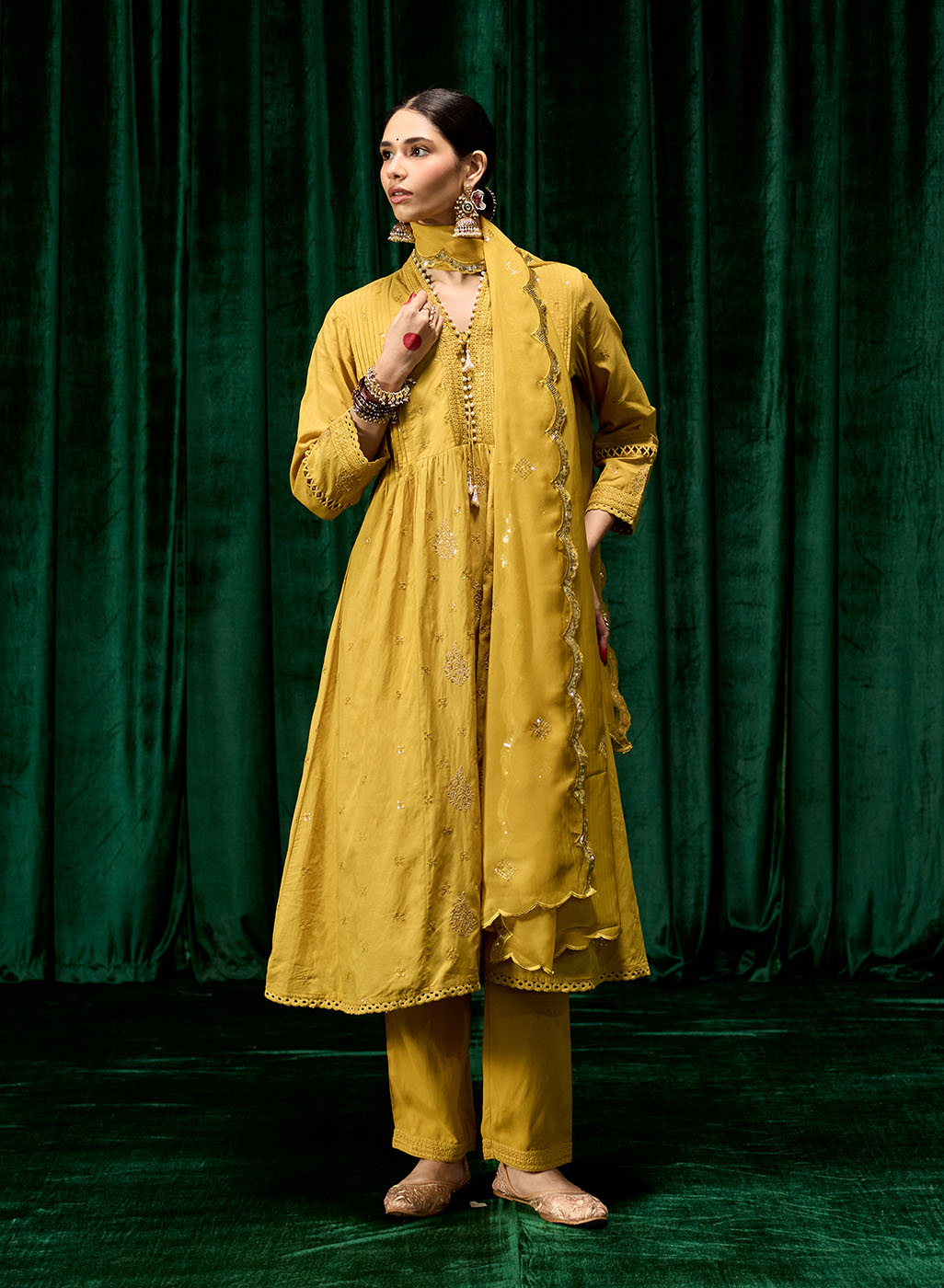 Svara Mustard Self Embroidered A-line Kurta Set with Dupatta