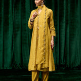 Svara Mustard Self Embroidered A-line Suit Set with Dupatta