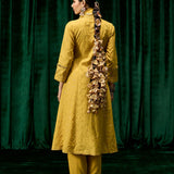 Svara Mustard Self Embroidered A-line Suit Set with Dupatta