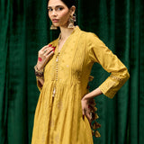 Svara Mustard Self Embroidered A-line Suit Set with Dupatta