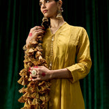Svara Mustard Self Embroidered A-line Suit Set with Dupatta