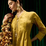 Svara Mustard Self Embroidered A-line Suit Set with Dupatta