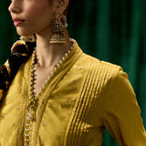 Svara Mustard Self Embroidered A-line Suit Set with Dupatta