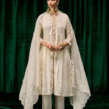 Svara Ivory Self Embroidered A-line Suit Set with Dupatta