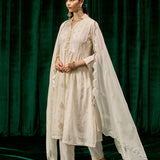 Svara Ivory Self Embroidered A-line Suit Set with Dupatta