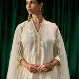 Svara Ivory Self Embroidered A-line Suit Set with Dupatta