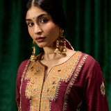 Dua Maroon Zari Embroidered Suit Set with Dupatta