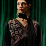 Advika Black Zari Embroidered Velvet A-line Suit set with Dupatta