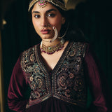 Advika Maroon Zari Embroidered Velvet A-line Suit set with Dupatta