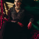 Advika Maroon Zari Embroidered Velvet A-line Suit set with Dupatta
