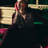 Advika Maroon Zari Embroidered Velvet A-line Suit set with Dupatta