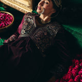Advika Maroon Zari Embroidered Velvet A-line Suit set with Dupatta