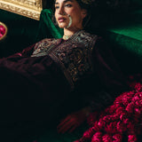 Advika Maroon Zari Embroidered Velvet A-line Suit set with Dupatta