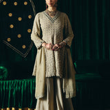 Farsa Beige Mirrorwork A-line Suit Set with Dupatta
