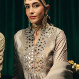 Aqsin Grey Mirrorwork Suit Set with Dupatta