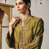 Reya Olive Green Chanderi Embroidered Suit Set with Dupatta