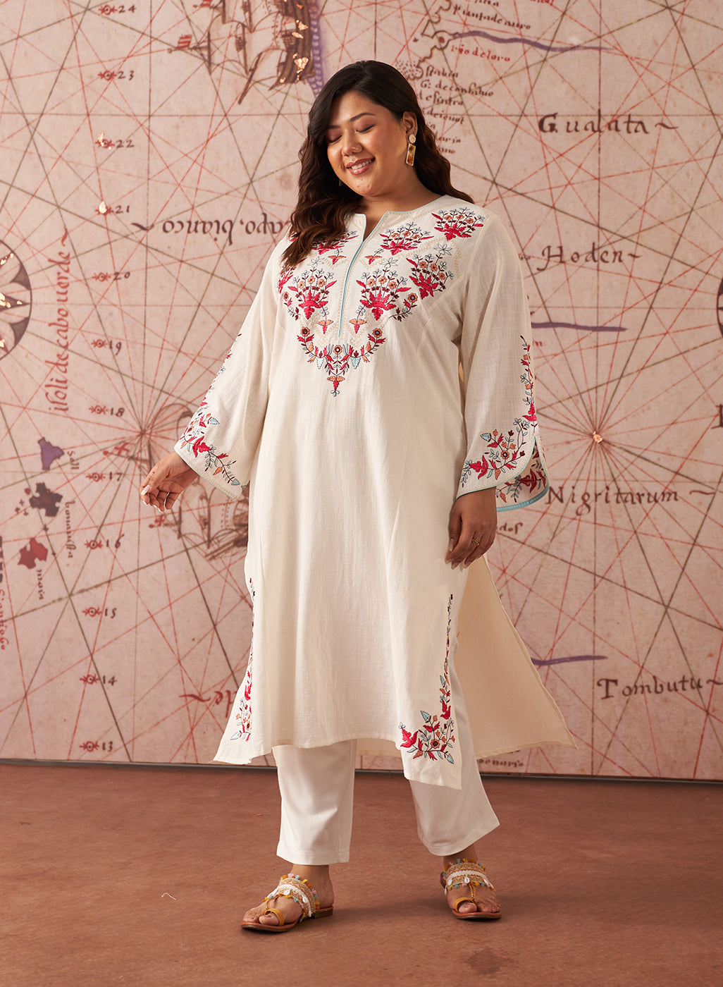 Zahra Royal Ivory Embroidered Cotton Slub Kurti for Women