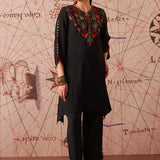 Ruqayya Timeless Black Abstract Multi-colour Embroidered Asymmetric A-line Long Kurta Set