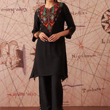 Ruqayya Timeless Black Abstract Multi-colour Embroidered Asymmetric A-line Long Kurta Set
