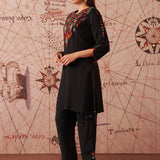 Ruqayya Timeless Black Abstract Multi-colour Embroidered Asymmetric A-line Long Kurta Set