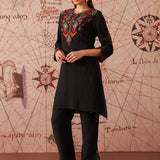 Ruqayya Timeless Black Abstract Multi-colour Embroidered Asymmetric A-line Long Kurta Set