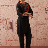 Ruqayya Timeless Black Abstract Multi-colour Embroidered Asymmetric A-line Long Kurta Set